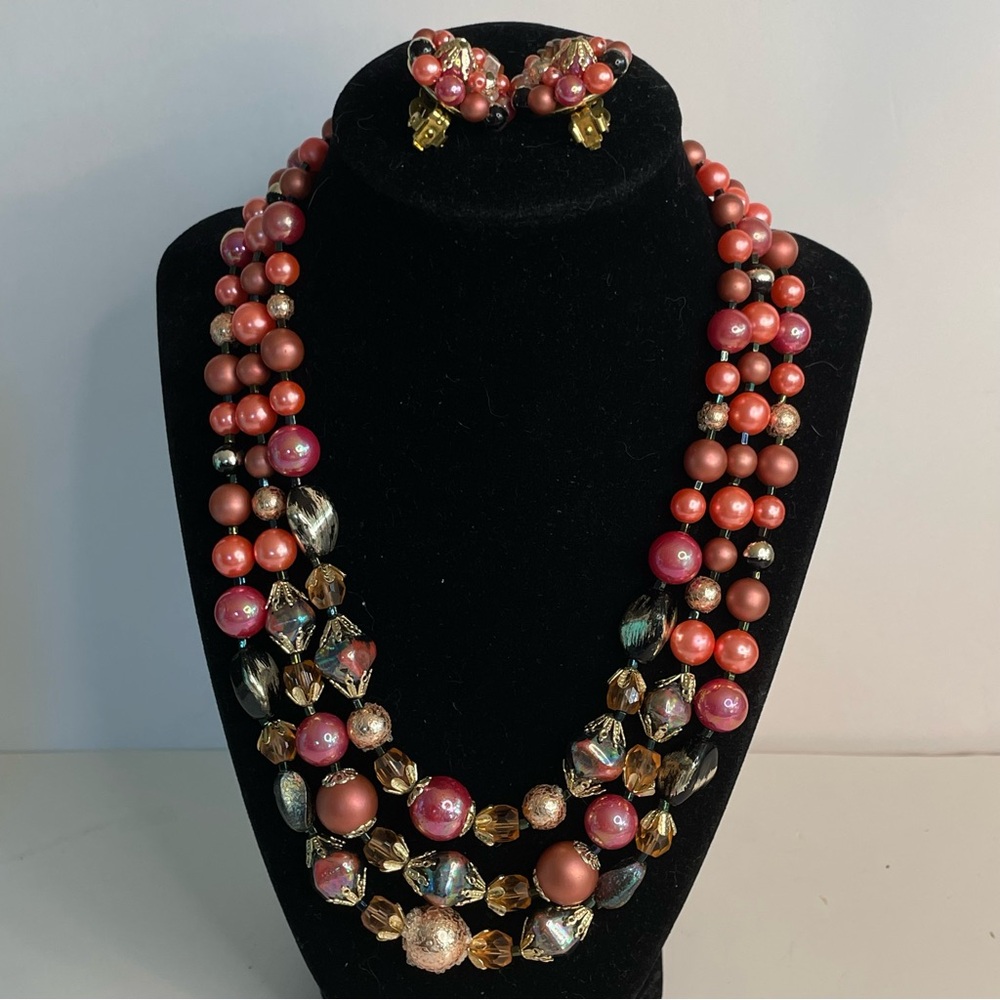 Vtg Assorted Glass Bead 3 Strand Demi Parure Necklace Earrings Pink Red Black AB